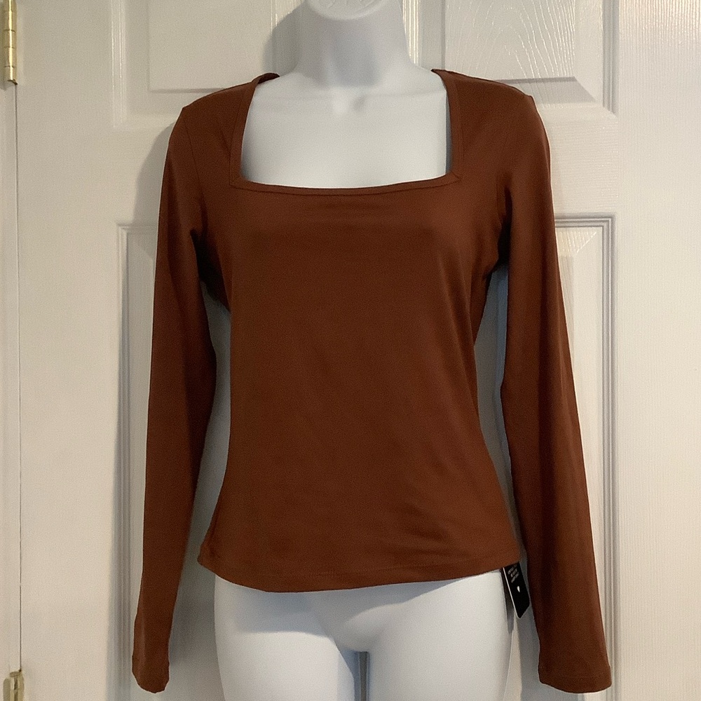 NWT ENERFUL Womens Brown Longsleeve Tee Square Neck Casual  Normcore Basic Top M